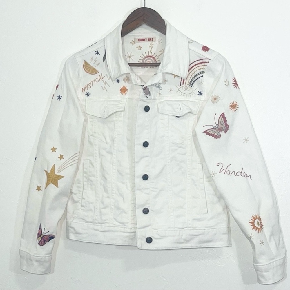 Johnny Was Denim Embroidered White Denim Jean Jacket